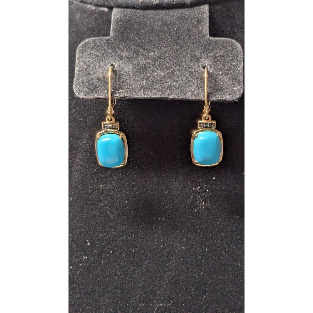 Sleeping Beauty Turquoise & 0.02CTW Blue Diamond 14K Gold Dangle Earrings